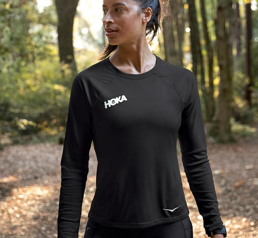 Hoka One One Performance Lång Sleeve Top Dam - Svarta - UJZVP-8142